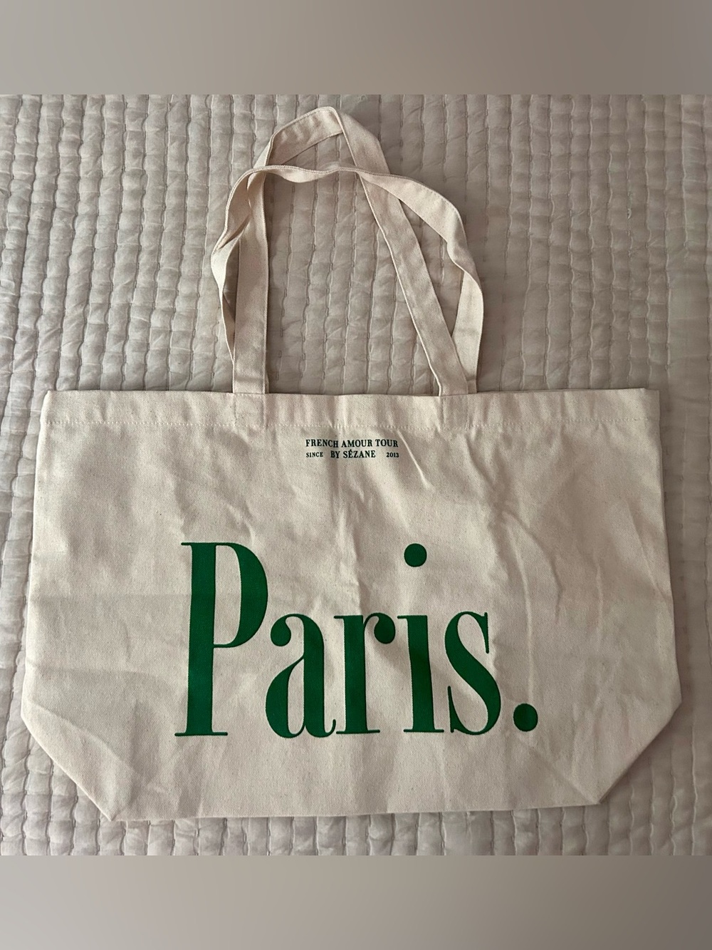 Sezane Natural Canvas Tote with Green 'Paris' and ‘Boston’ Print